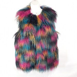 INC International Concepts Women M/L Open Vest Top Multicolor Rainbow Faux Fur